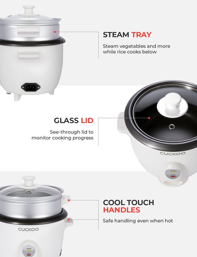 Cuckoo One Touch Rice Cooker 3-Cup (Uncooked) / 6-Cup (Cooked), Mini Rice Cooker & Warmer with Steamer Tray, Versatile Grain Cooker, Soup Maker, Auto Keep Warm, White (CR-0301C) - Image 5